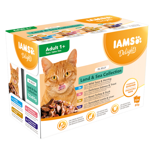 36 + 12 på köpet! 48 x 85 g IAMS våtfoder katt - Delights Adult: Land & Sea Mix i gelé