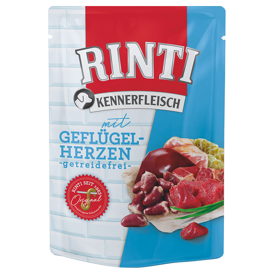 Ekonomipack: RINTI Kennerfleisch Pouches 20 x 400 g - Fjäderfähjärtan