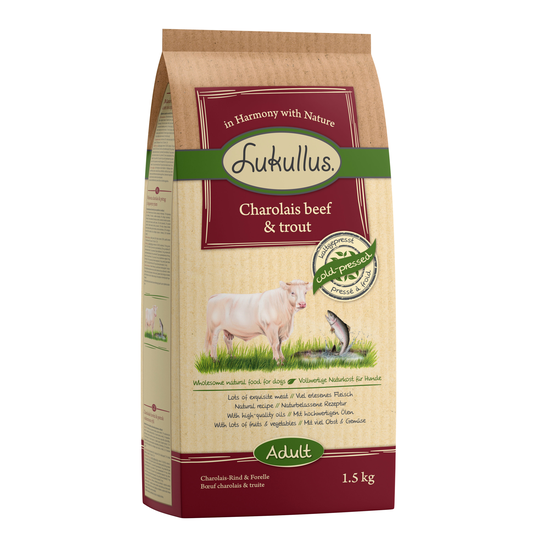Lukullus kallpressat hundfoder Charolais Nötkött & öring - 1,5 kg