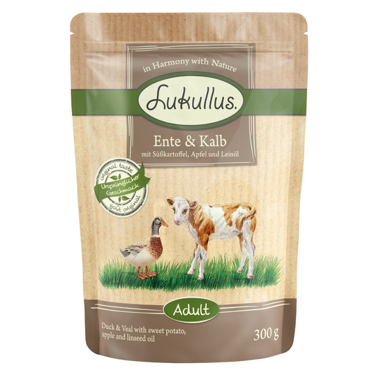 Lukullus spannmålsfritt 6 x 300 g portionspåse - Anka & kalv