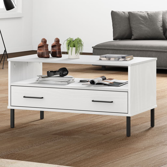 vidaXL Soffbord med metallben OSLO vit 85x50x45 cm massivt trä