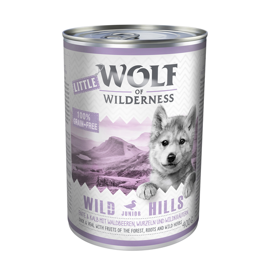 8 + 4 på köpet! 12 x 300 g/ 400 g Wolf of Wilderness våtfoder - JUNIOR Wild Hills - Duck & Veal (400 g burkar)