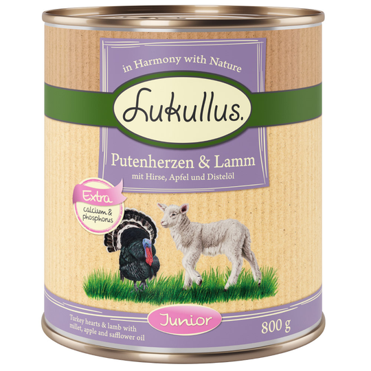 Ekonomipack: Lukullus Junior 24 x 800 g - Kalkonhjärta & lamm