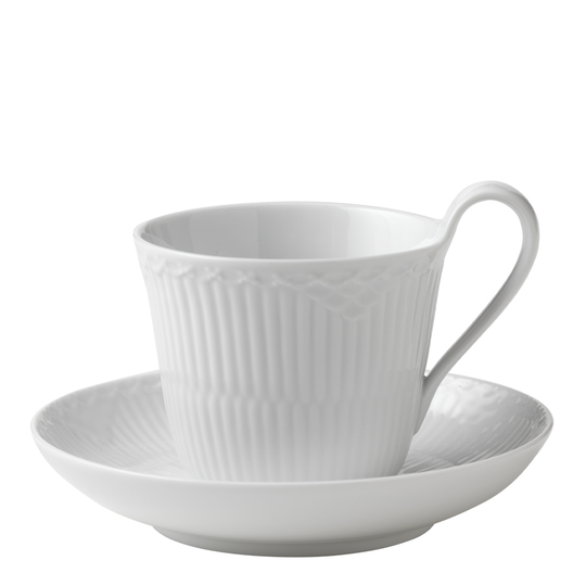 Royal Copenhagen - White Fluted Half Lace kopp med högt handtag 25 cl + fat