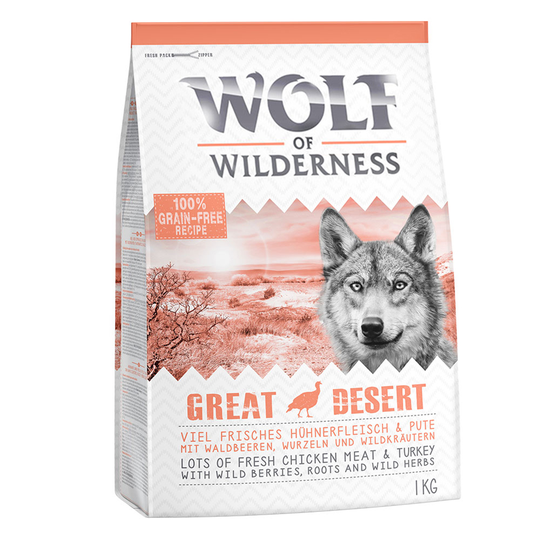 2 x 1 kg till sparpris! Wolf of Wilderness hundfoder - Adult Classic Great Desert Turkey