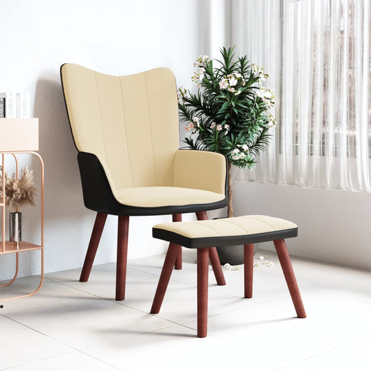vidaXL Vilstol med fotpall gräddvit sammet och PVC