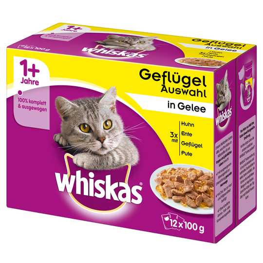 Ekonomipack: Whiskas 1+ portionspåse 48 x 85 g / 100 g - 1+ Fågelurval i gelé 100 g