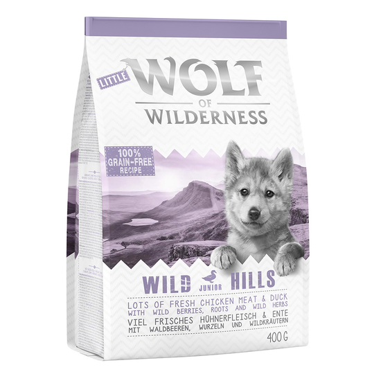 Prova-på-pris! Wolf of Wilderness torrfoder för hund! - Junior Wild Hills - Duck (400 g)