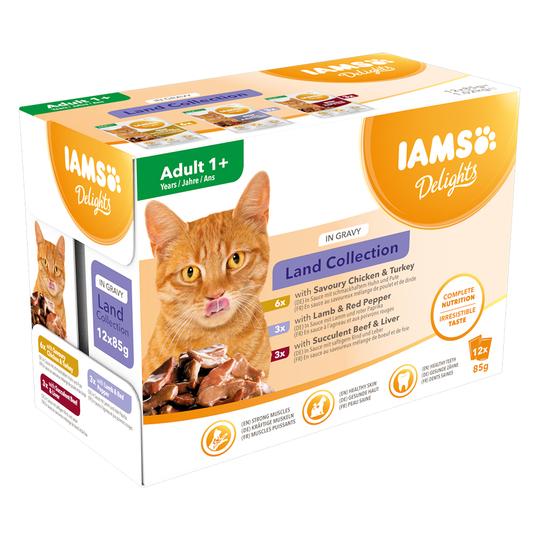 36 + 12 på köpet! 48 x 85 g IAMS våtfoder katt - Delights Adult: Land Mix i sås
