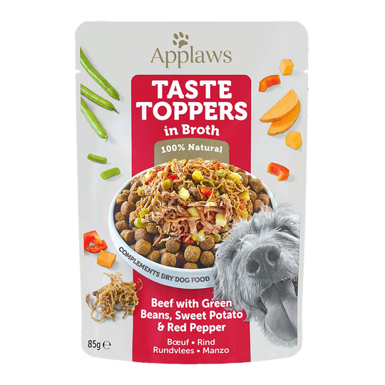 Applaws Taste Toppers i buljong 12 x 85 g - Nötkött med gröna bönor, sötpotatis & röd paprika