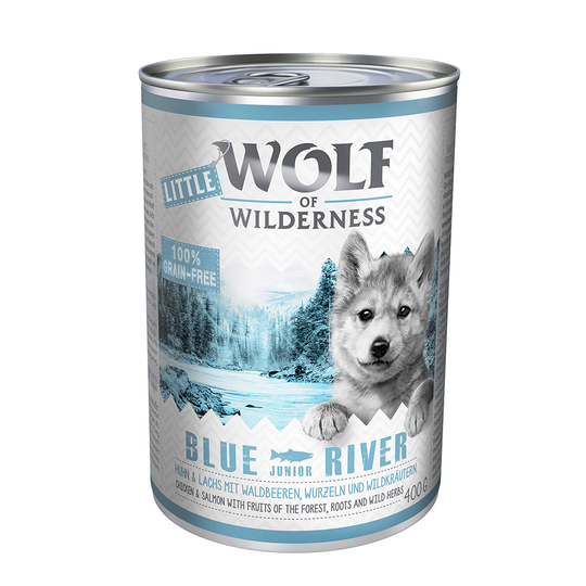 Ekonomipack: Little Wolf of Wilderness 24 x 400 g - Blue River Junior - Chicken & Salmon