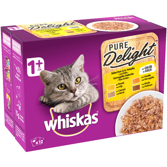 Multipack Whiskas 1+ Adult Pouch 12 x 85/100 g - Pure Delight Fjäderfäurval i gelé (12 x 85 g)
