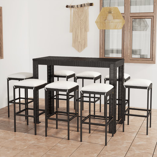 vidaXL Bargrupp för trädgården med dynor 9 delar konstrotting svart