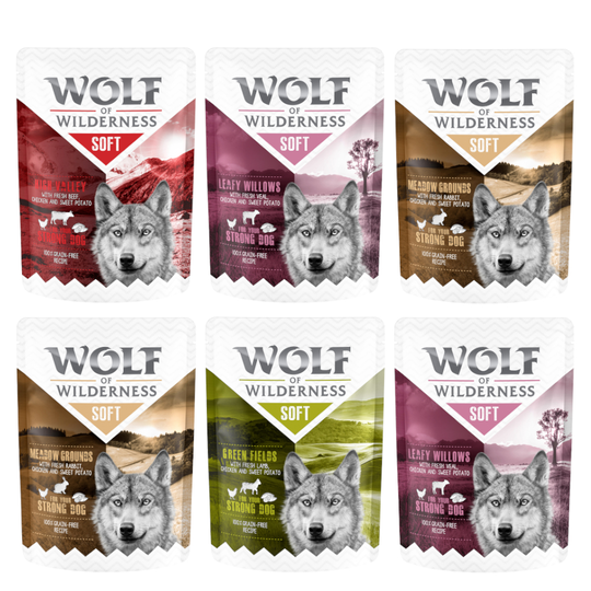 Wolf of Wilderness "Soft & Strong" 6 x 300 g Blandpack: Lamb, Beef, Veal, Rabbit