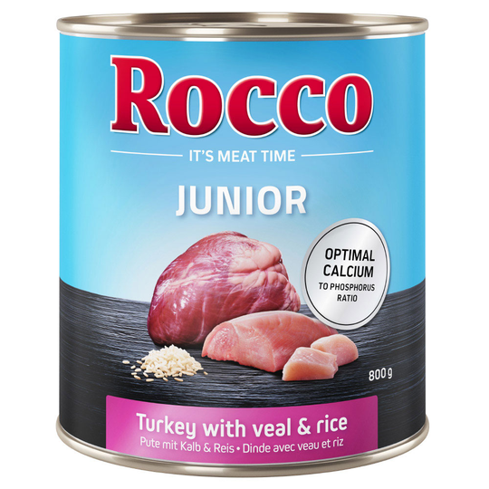 Ekonomipack: Rocco Junior 24 x 800 g - Blandpack: Kalkon & kalvhjärta, Kycklinghjärta & ris
