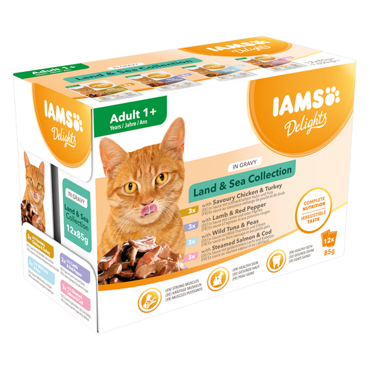 36 + 12 på köpet! 48 x 85 g IAMS våtfoder katt - Delights Adult: Land & Sea Mix i sås