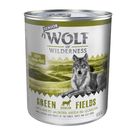 Ekonomipack: Wolf of Wilderness Senior 24 x 800 g - Blandpack: Wild Hills + Green Fields