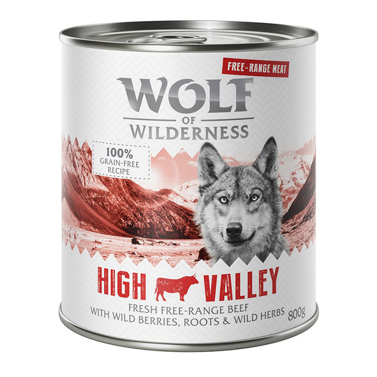 Ekonomipack: 24 x 800 g Wolf of Wilderness Free Range Meat - High Valley - Free Range Beef
