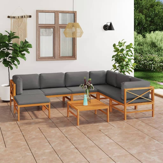vidaXL Loungegrupp för trädgården med grå dynor 8 delar massiv teak