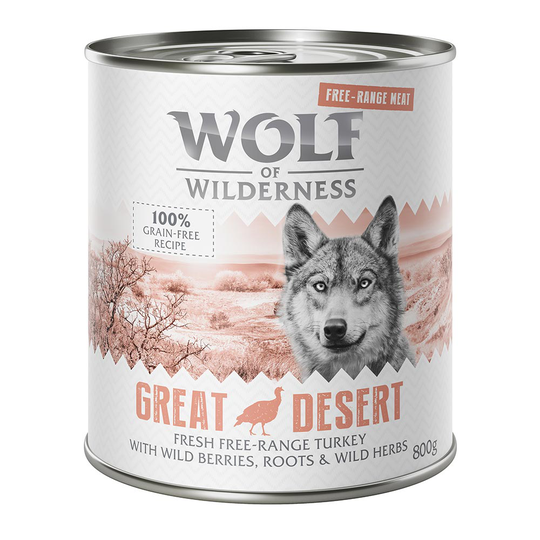 Ekonomipack: 24 x 800 g Wolf of Wilderness Free Range Meat - Great Desert - Free Range Turkey