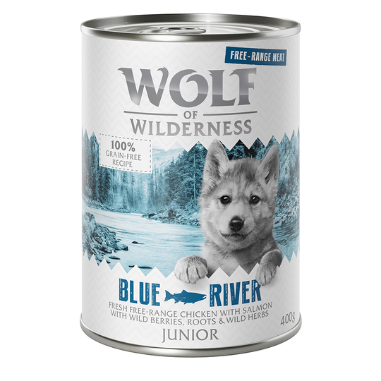 Ekonomipack: Wolf of Wilderness Junior Free Range 12 x 400 g - Junior Blue River - Free Range Chicken & Salmon