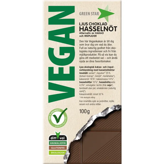 Green Star Vegan Mjölkchoklad Hasselnöt Vegansk