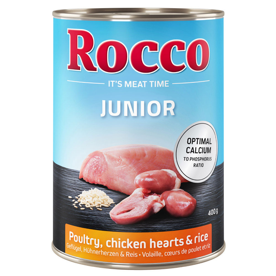 Ekonomipack: Rocco Junior 24 x 400 g - Fjäderfä, kycklinghjärta & ris