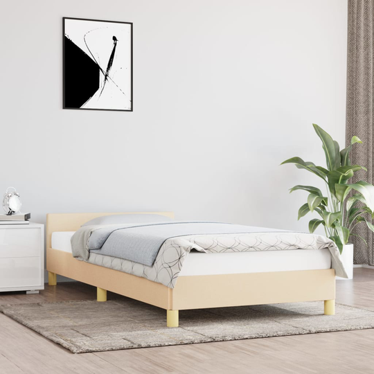 vidaXL Sängram med huvudgavel gräddvit 90x200 cm tyg