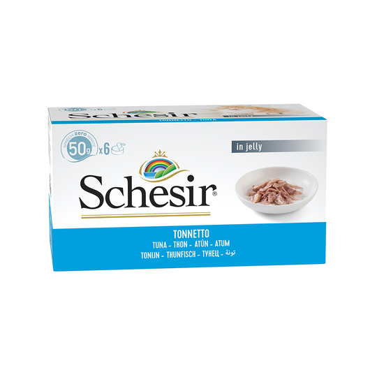 Ekonomipack: Schesir Small i gelé 24 x 50 g - Blandpack: Tonfisk + Tonfisk & räkor