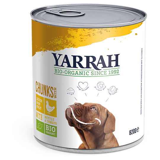 Ekonomipack: Yarrah Organic Chunks 12 x 820 g - Eko-kyckling med eko-nässlor & eko-tomat i sås