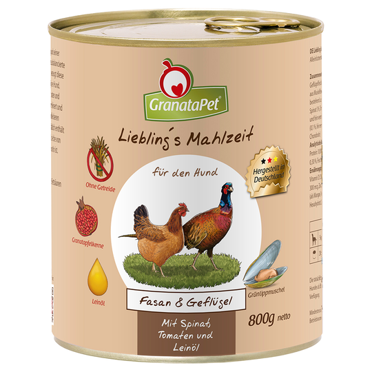 GranataPet Liebling's Mahlzeit 6 x 800 g - Fasan & fjäderfä med spenat, tomater och linolja