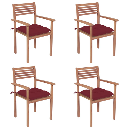 vidaXL Trädgårdsstolar med vinröda dynor 4 st massiv teak
