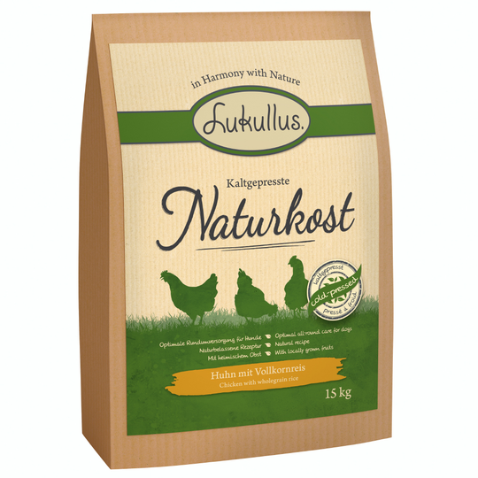 Ekonomipack: 2 x 10 / 15 kg Lukullus kallpressade hundfoder - Naturkost Kyckling & fullkornsris (2 x 15 kg)