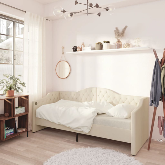 vidaXL Dagbädd med madrass USB gräddvit tyg 90x200 cm