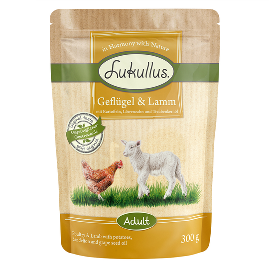 Ekonomipack: Lukullus portionspåsar 24 x 300 g - Spannmålsfritt Fjäderfä & lamm