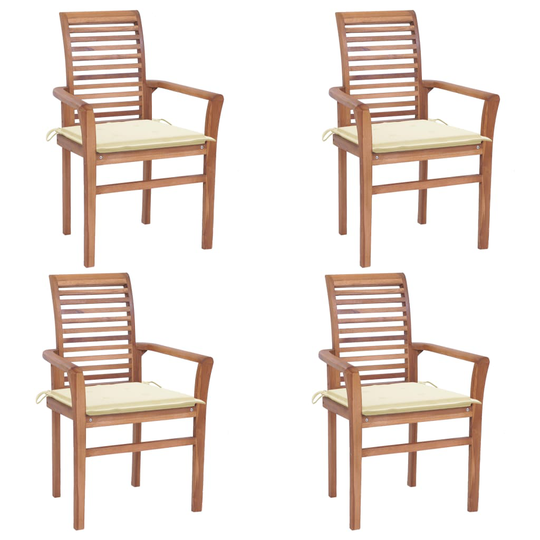 vidaXL Matstolar 4 st med gräddvita dynor massiv teak