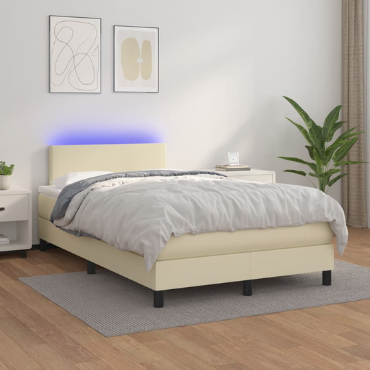 vidaXL Ramsäng med madrass & LED gräddvit 120x200 cm konstläder