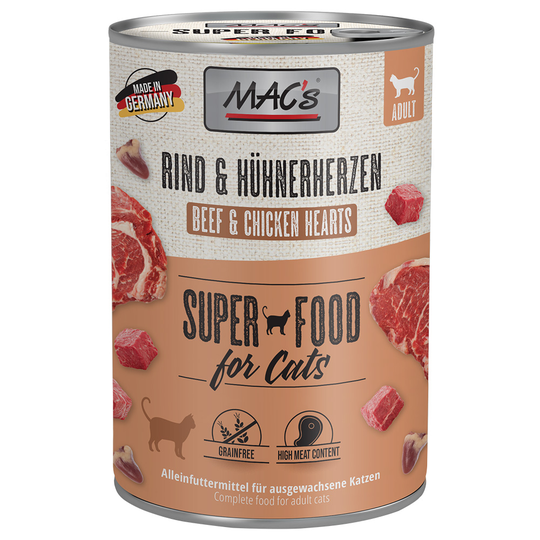 Ekonomipack: MAC's Cat kattfoder 12 x 400 g - Nötkött & kycklinghjärtan