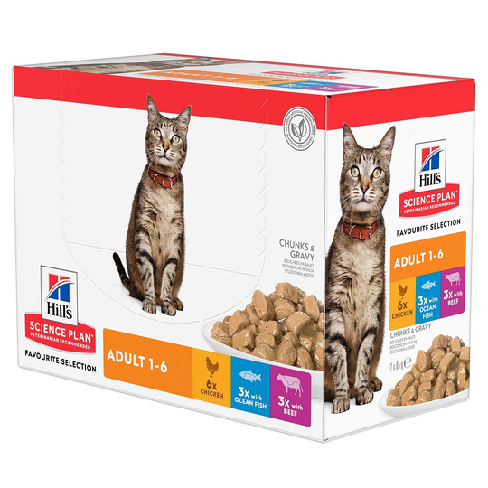 Hill's Science Plan Adult Chicken Komplettering: 12 x 85 g Hill's Science Plan Adult Fish Selection