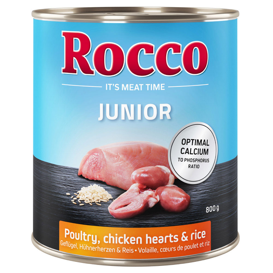 Rocco Junior 12 x 800 g - Fjäderfä, kycklinghjärta & ris