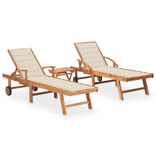 vidaXL Solsäng 2 st med bord och dyna massiv teak
