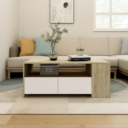 vidaXL Soffbord vit och sonoma-ek 102x55x42 cm konstruerat trä