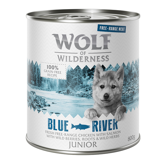 Ekonomipack: Wolf of Wilderness Junior Free Range 12 x 800 g - Junior Blue River - Free Range Chicken & Salmon