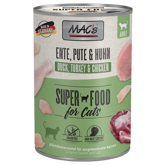 Ekonomipack: MAC's Cat kattfoder 12 x 400 g - Blandpack: Anka, kalkon & kyckling + Anka, kanin & nötkött