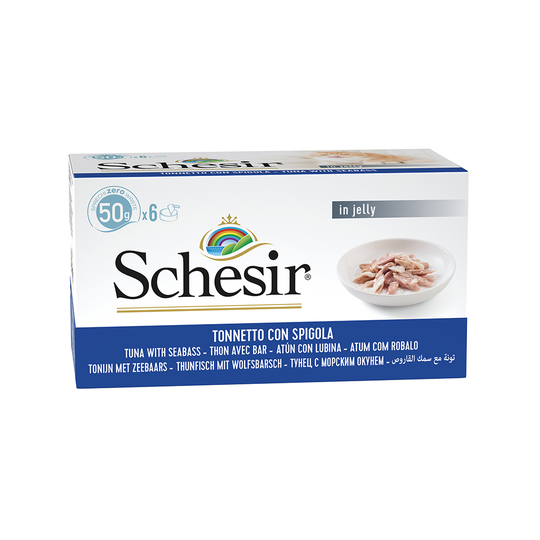 Ekonomipack: Schesir Small i gelé 24 x 50 g - Blandpack: Tonfisk + Tonfisk & havsbborre