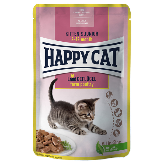 Ekonomipack: Happy Cat Pouch Meat in Sauce 24 x 85 g - Kitten Farm Poultry - fjäderfä