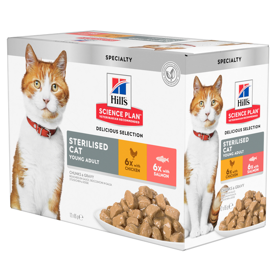 9 + 3 på köpet! 12 x 85 g Hill's Science Plan kattmat - Young Adult Sterilised Salmon & Chicken
