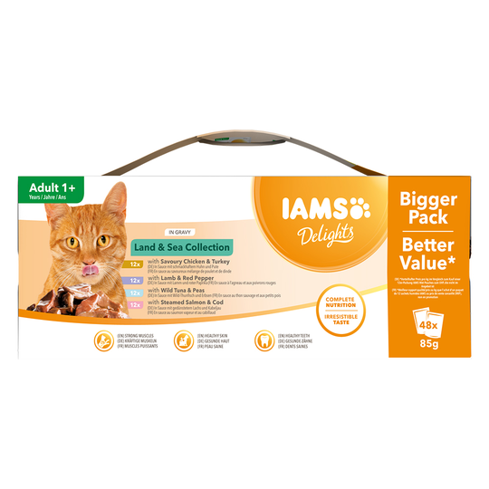 Ekonomipack: IAMS Delights i sås eller gelé 48 x 85 g - Land & Sea mix i sås