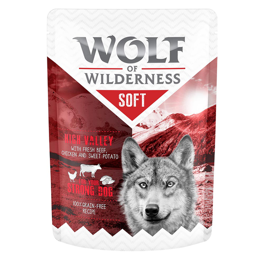 Ekonomipack: 24 x 300 g Wolf of Wilderness "Soft & Strong" - High Valley - Chicken & Beef
