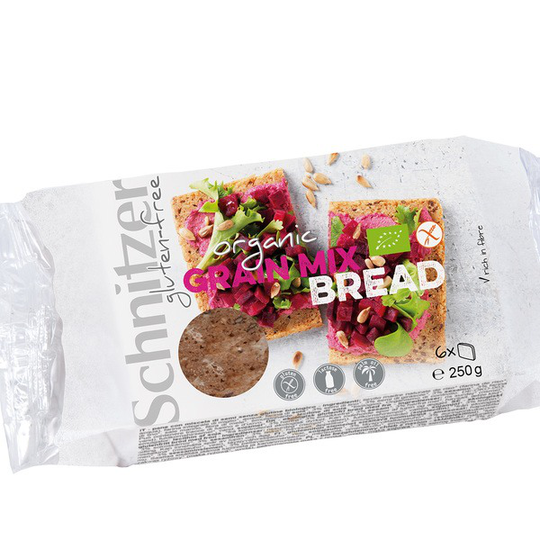 Schnitzer Glutenfritt Ekologiskt Bröd med frön Grainy Mix skivor 250 g